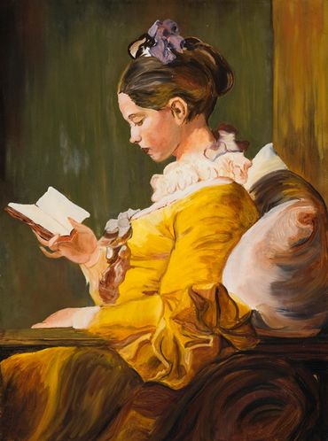 Woman in yellow dress reading.