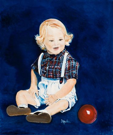 Black Labrador panting by water.