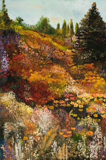 Oil painting of flower-covered hillside.
