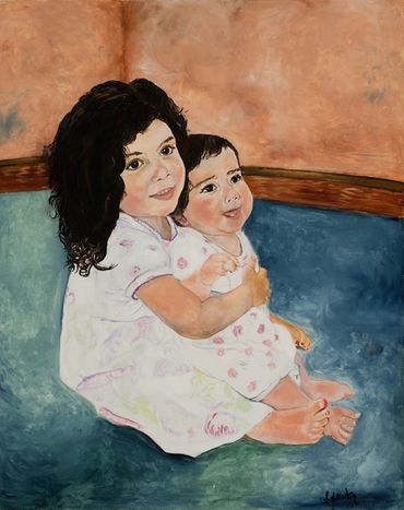 Painting of two smiling sisters.