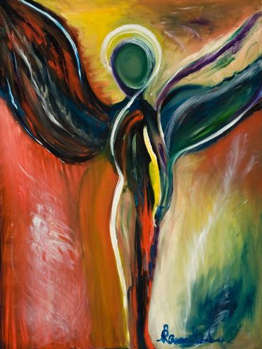Abstract painting of a colorful angel.