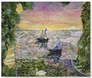 Sailboats and swan on water.