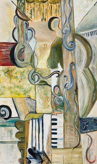 Abstract painting of music instruments.