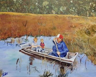 Man and boys in boat.