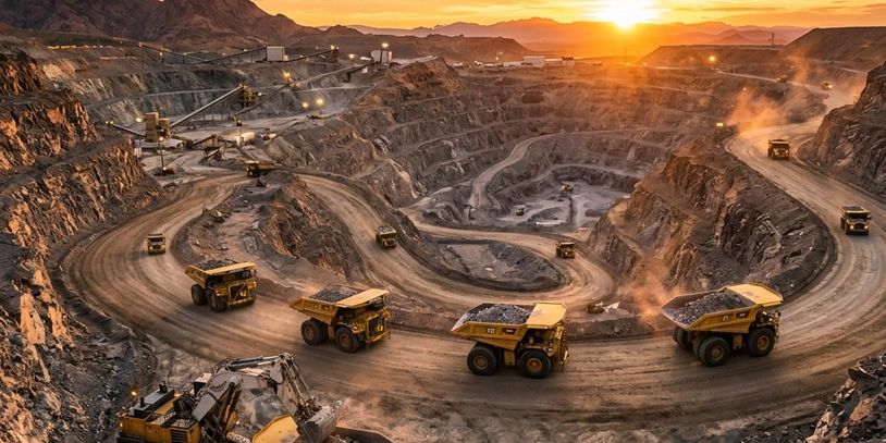 Large mining site at sunset with heavy machinery.
