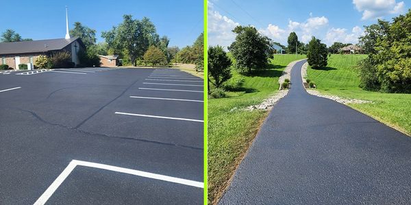 Freshly paved parking lot and driveway on a sunny day.