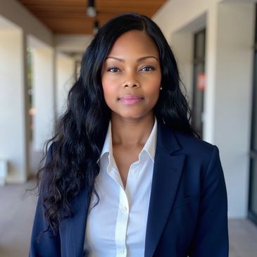Professional woman in business attire with long wavy hair.