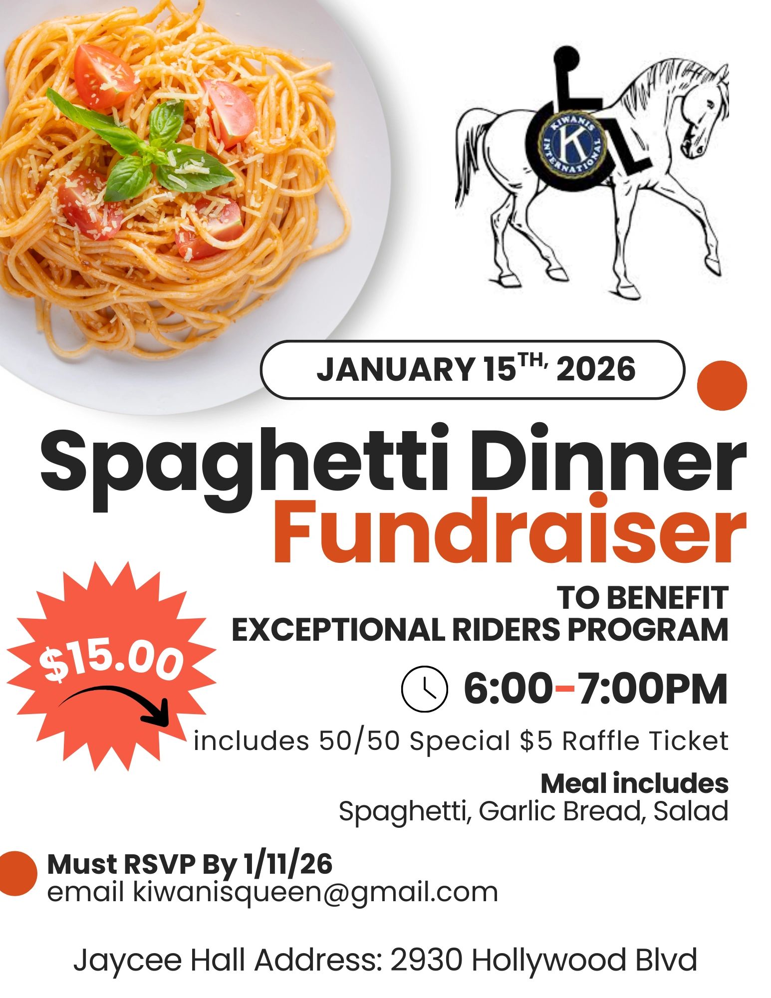 Spaghetti Dinner Fundraiser on January 15, 2026, benefiting Exceptional Riders Program.