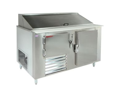 Stainless steel commercial refrigeration unit with hinged doors and a top storage compartment.
