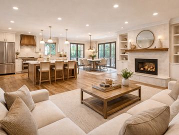 Spacious open living area with cozy seating and modern kitchen.