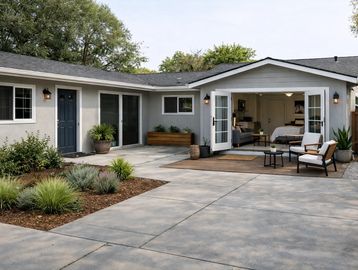 Modern backyard patio with open French doors and outdoor seating.