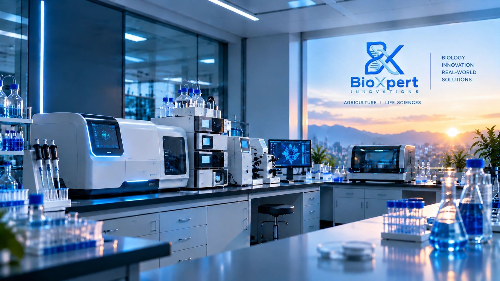 Modern biotechnology laboratory with advanced equipment and blue liquid samples.