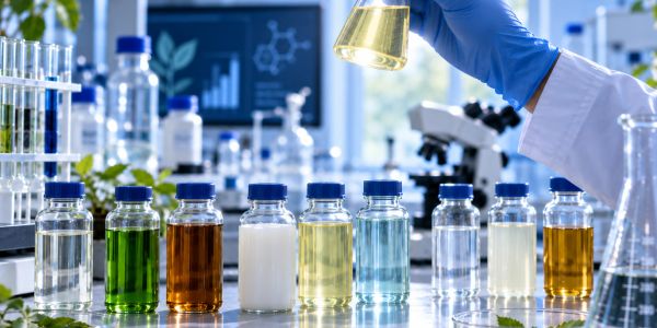 Scientist examining liquid in flask with various chemical samples lined up.