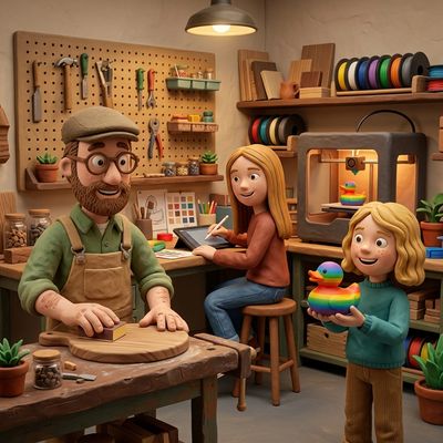a claymation image of a workshop for woodworking and 3D printing. A dad is sanding a chopping board 