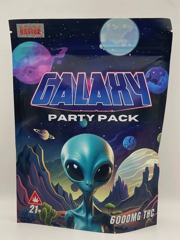 Colorful alien-themed packaging for Galaxy Party Pack with 6000mg THC.