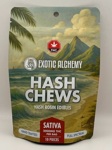 Package of Exotic Alchemy Hash Chews with 2000mg THC, sativa type.