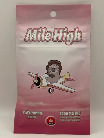 Pink lemonade sativa THC product with a flying sloth illustration.