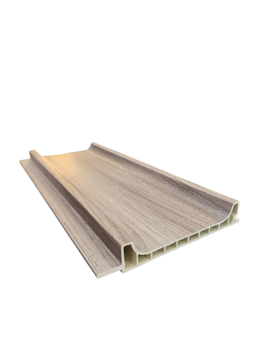 A piece of wood-textured plastic paneling with grooved sides.
