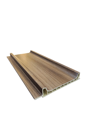 Wood-patterned plastic panel with ribbed underside for support.