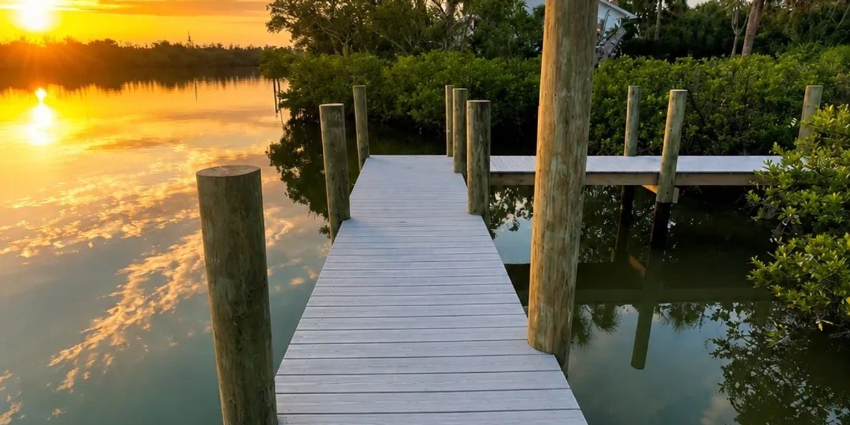 Wooden dock extending over calm water at sunset.