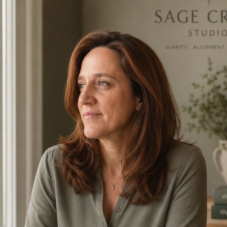  Woman sitting at desk holding a mug, looking thoughtfully out a window.