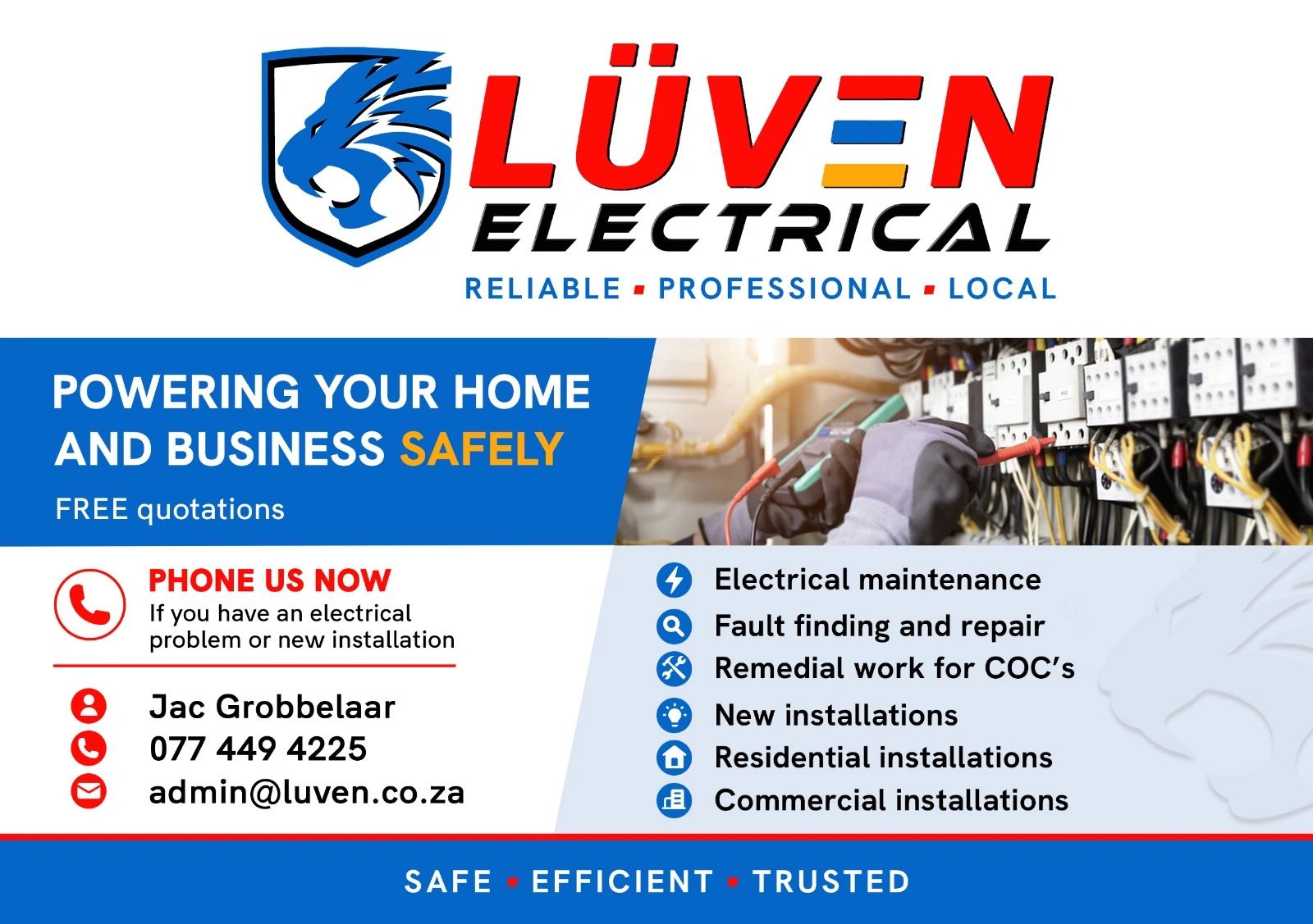 Advertisement for Lüven Electrical offering safe home and business electrical services.