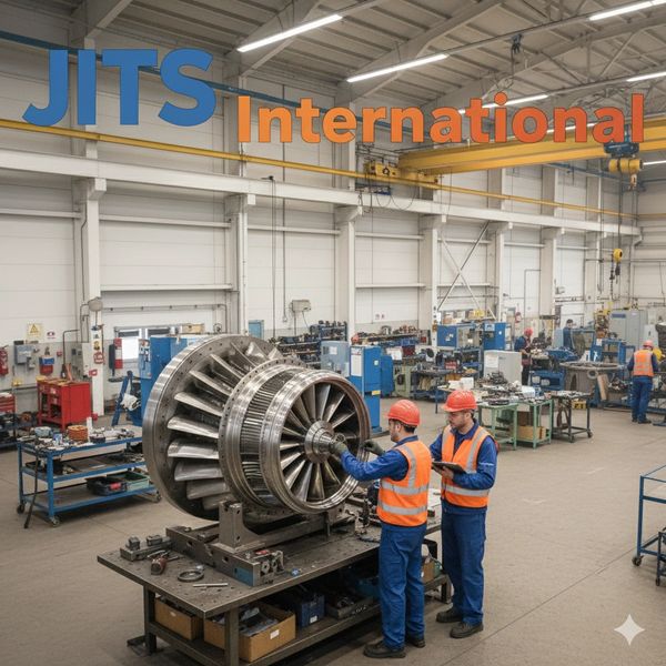 Technicians inspect a large turbine engine in a spacious industrial workshop.