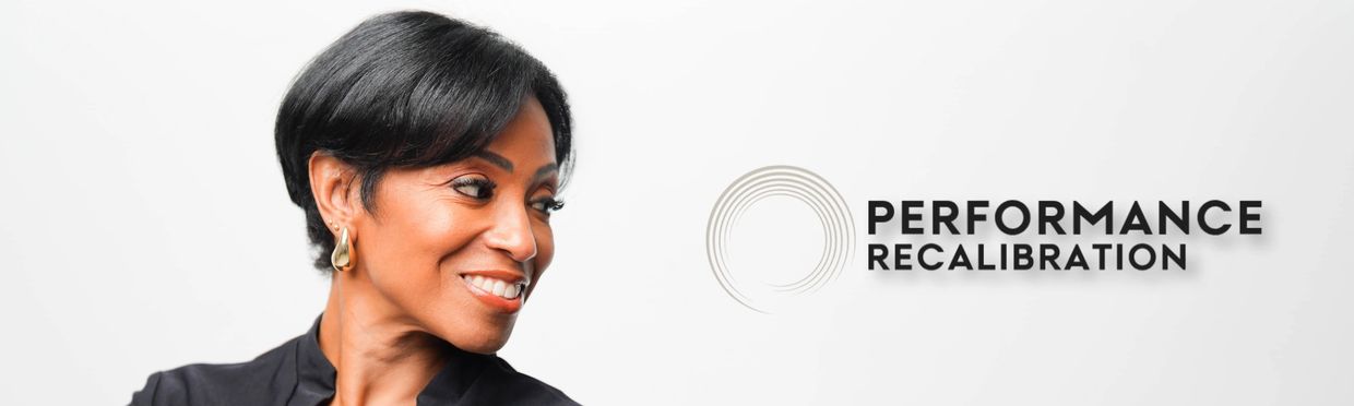 Confident woman smiling near a Performance Recalibration logo on white background.