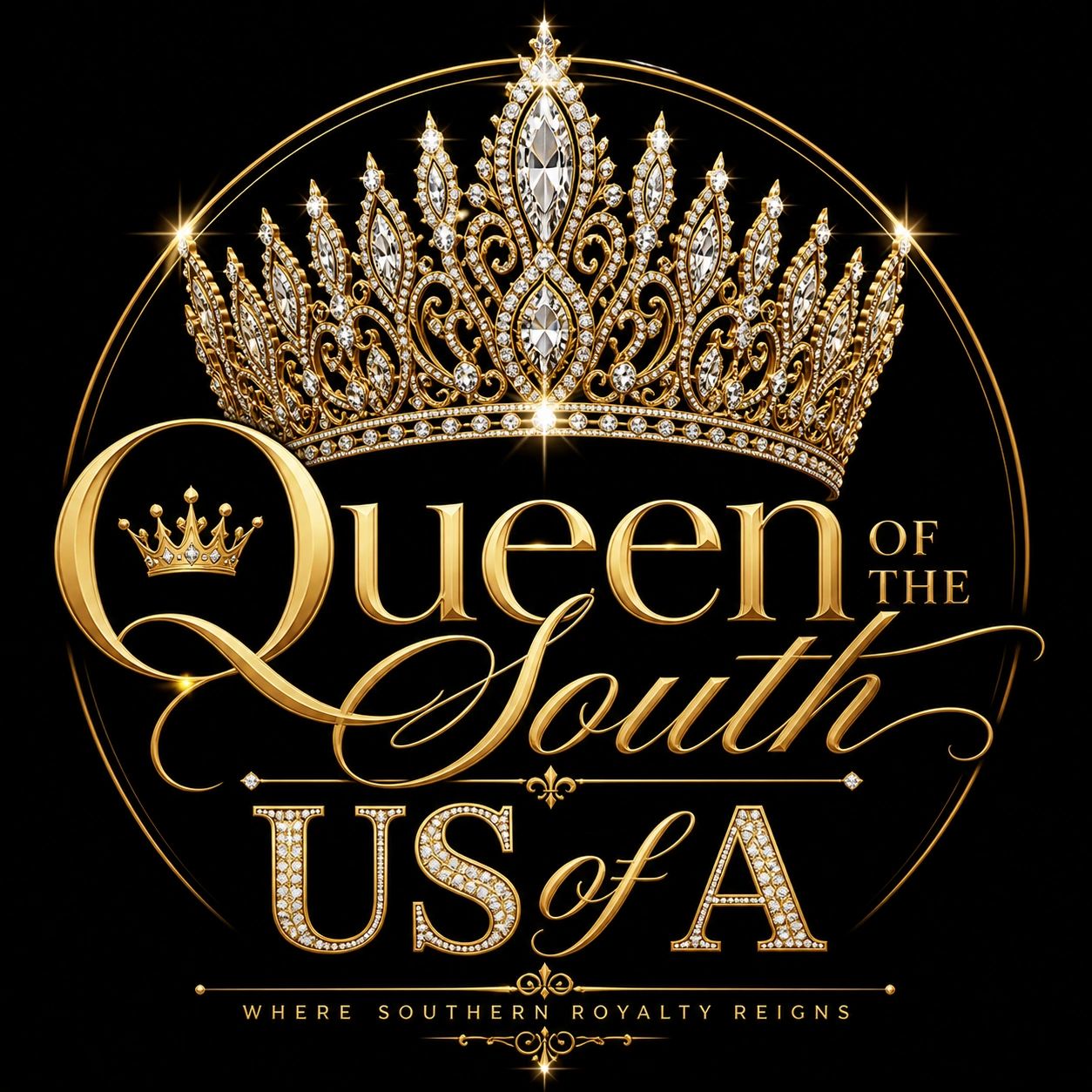 Golden crown and text "Queen of the South USA" on a black background.