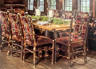 4 leg pedestal table hickory and oak w fabric low back chairs