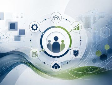 A digital infographic showing connected icons around a central group of people symbol.