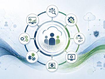 Abstract digital graphic illustrating cloud-based teamwork and workflow processes.