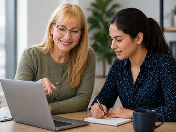 Two women collaborating over a laptop at a desk.