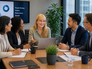 Business team engaged in a collaborative meeting around a table.
