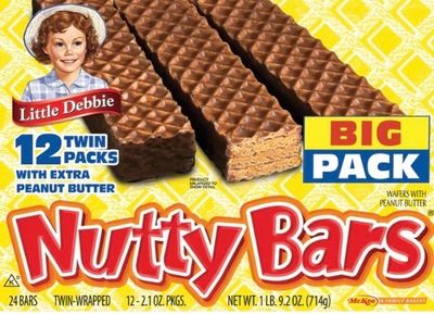Box of Little Debbie Nutty Bars with peanut butter wafers, 12 twin packs.