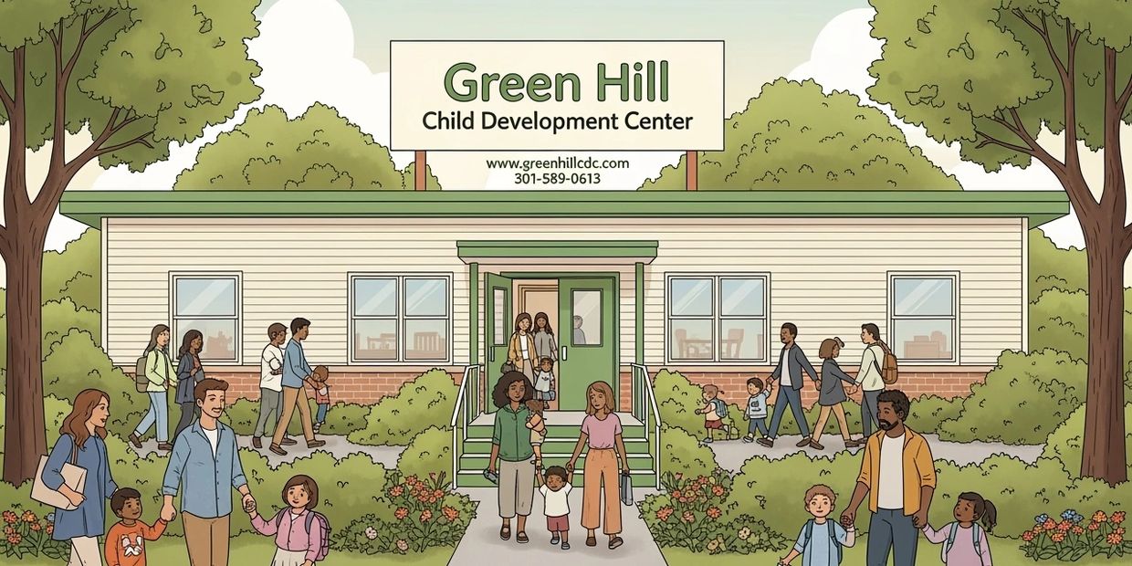 Parents walking with their children as they leave Green Hill Child Development Center.