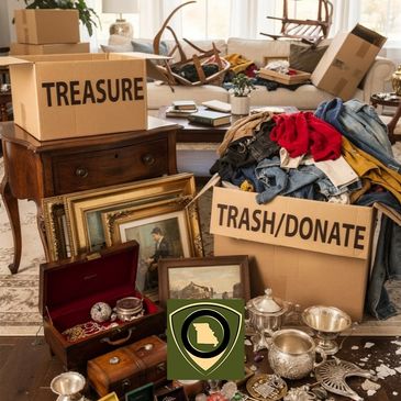 Boxes labeled 'TREASURE' and 'TRASH/DONATE' with assorted items for sorting.