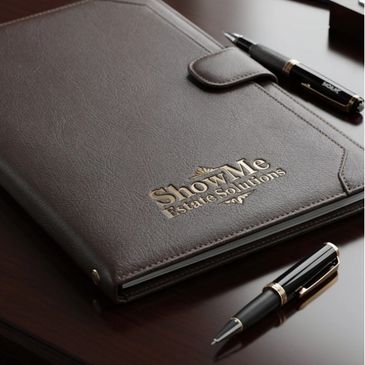 Elegant leather portfolio folder with pens on a wooden desk.