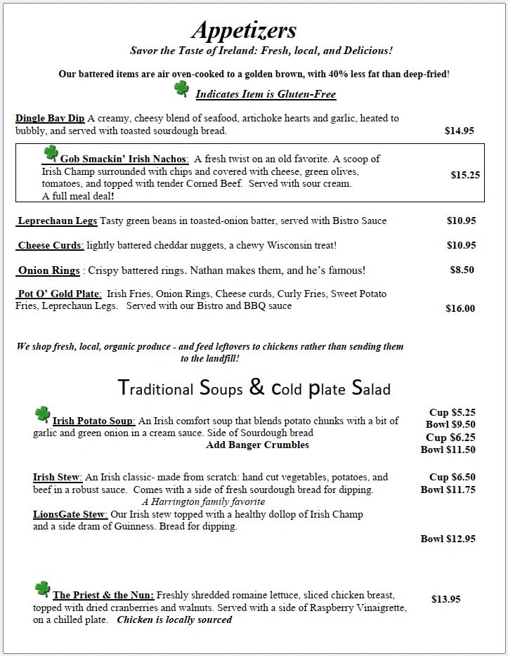Irish-themed appetizer and soup menu with fresh, local ingredients and gluten-free options.