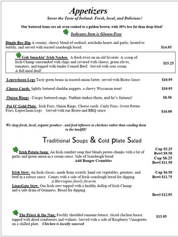 A menu page featuring Irish appetizers, soups, and salads with detailed descriptions and prices.