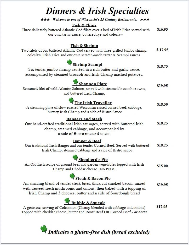 Menu featuring Irish and seafood dinners with gluten-free options marked by a shamrock.