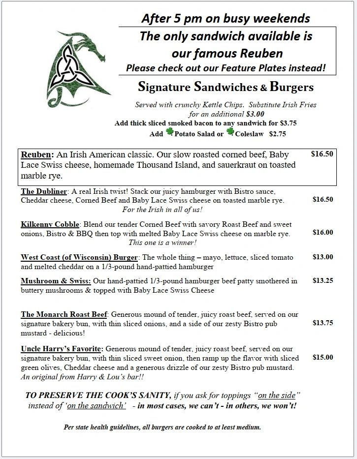 Menu featuring signature sandwiches and burgers with detailed descriptions and prices.
