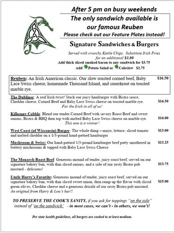 Menu of signature sandwiches and burgers with detailed descriptions and prices.