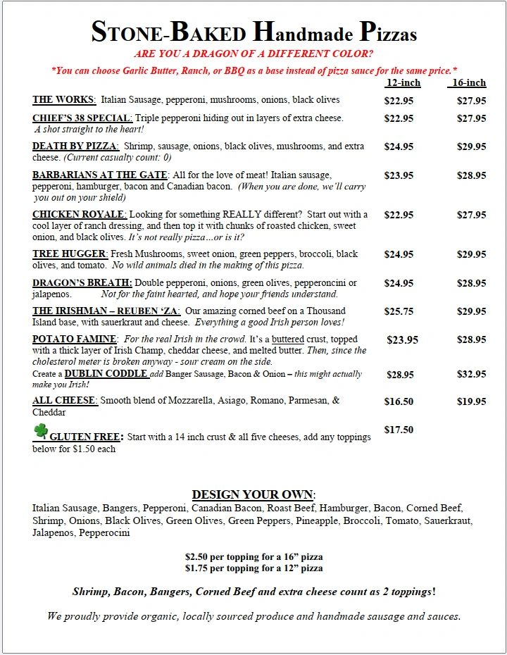 Menu of stone-baked handmade pizzas with unique names and toppings, available in 12-inch and 16-inch sizes.