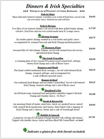 Menu of Irish specialty dinners with various seafood, meat, and vegetable dishes.