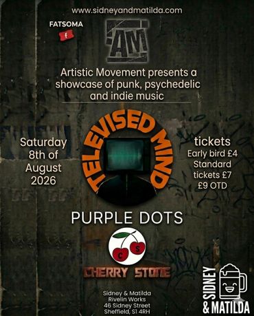 Poster for a punk and indie music showcase on August 8, 2026, in Sheffield.