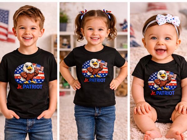 Three smiling children wearing matching Jr. PATRIOT shirts with American flag and eagle design.