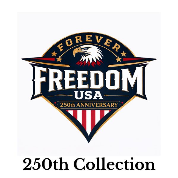 Emblem celebrating 250 years of USA freedom with an eagle and patriotic colors.