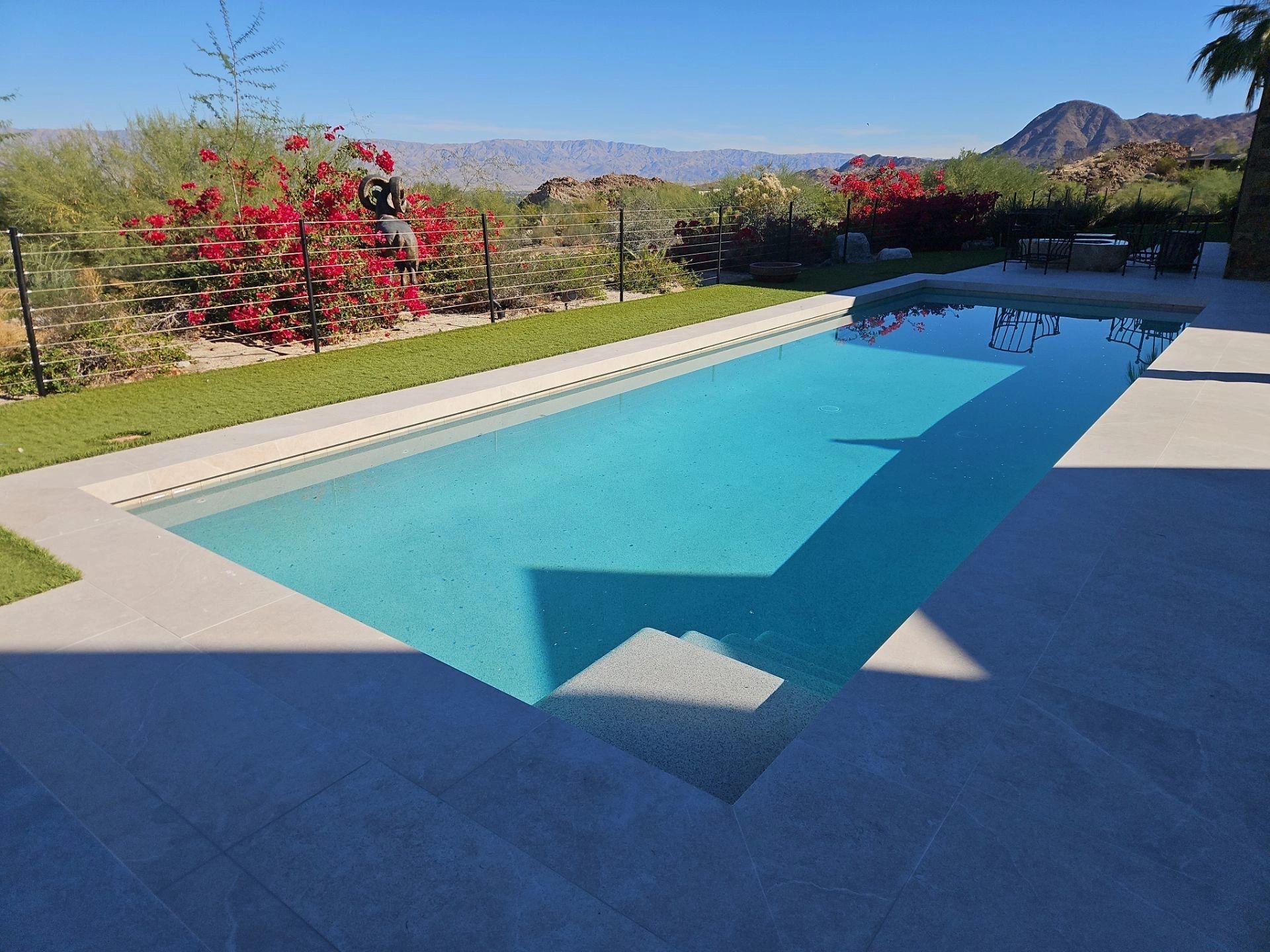 A serene swimming pool with mountain views and vibrant red flowers nearby.
