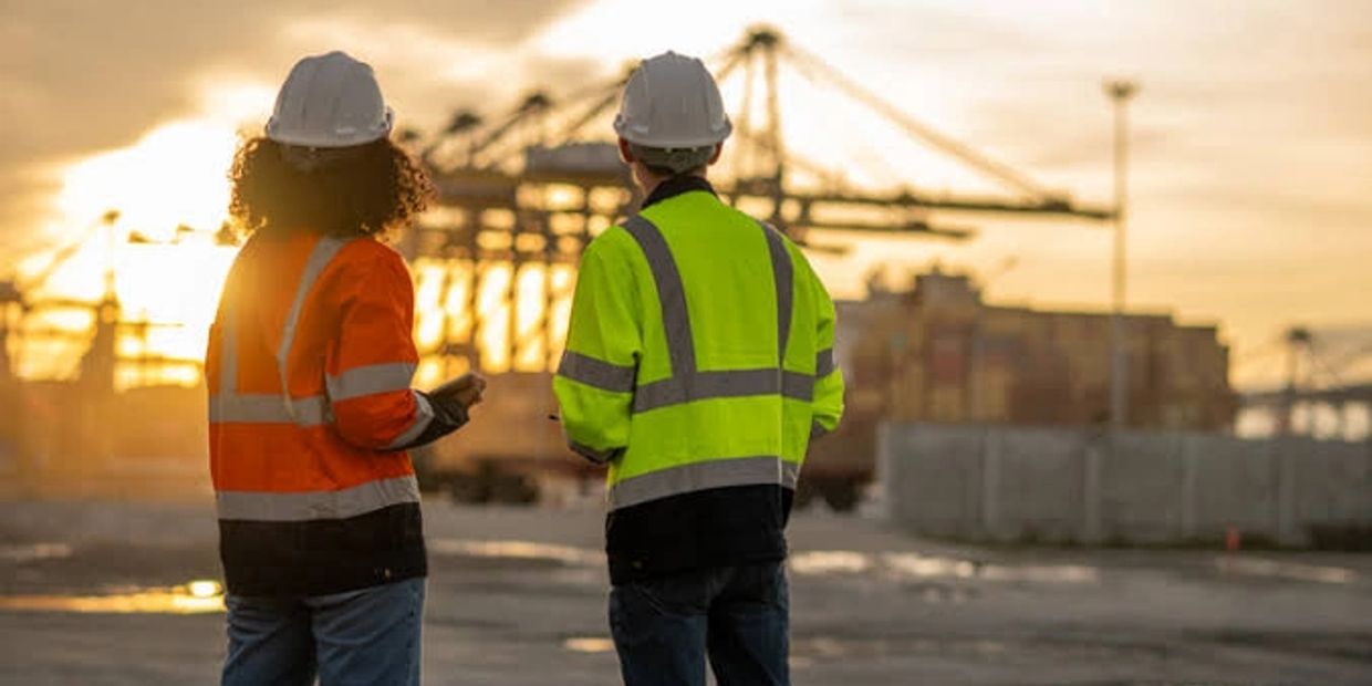 Two construction workers overlooking a port at sunset.